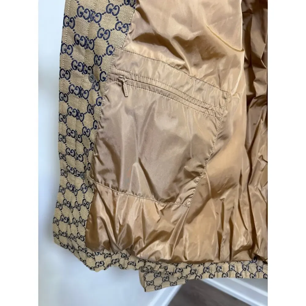 Gucci GG Monogram Down Jacket Navy Beige NWT Size 52 XL Hooded Puffer